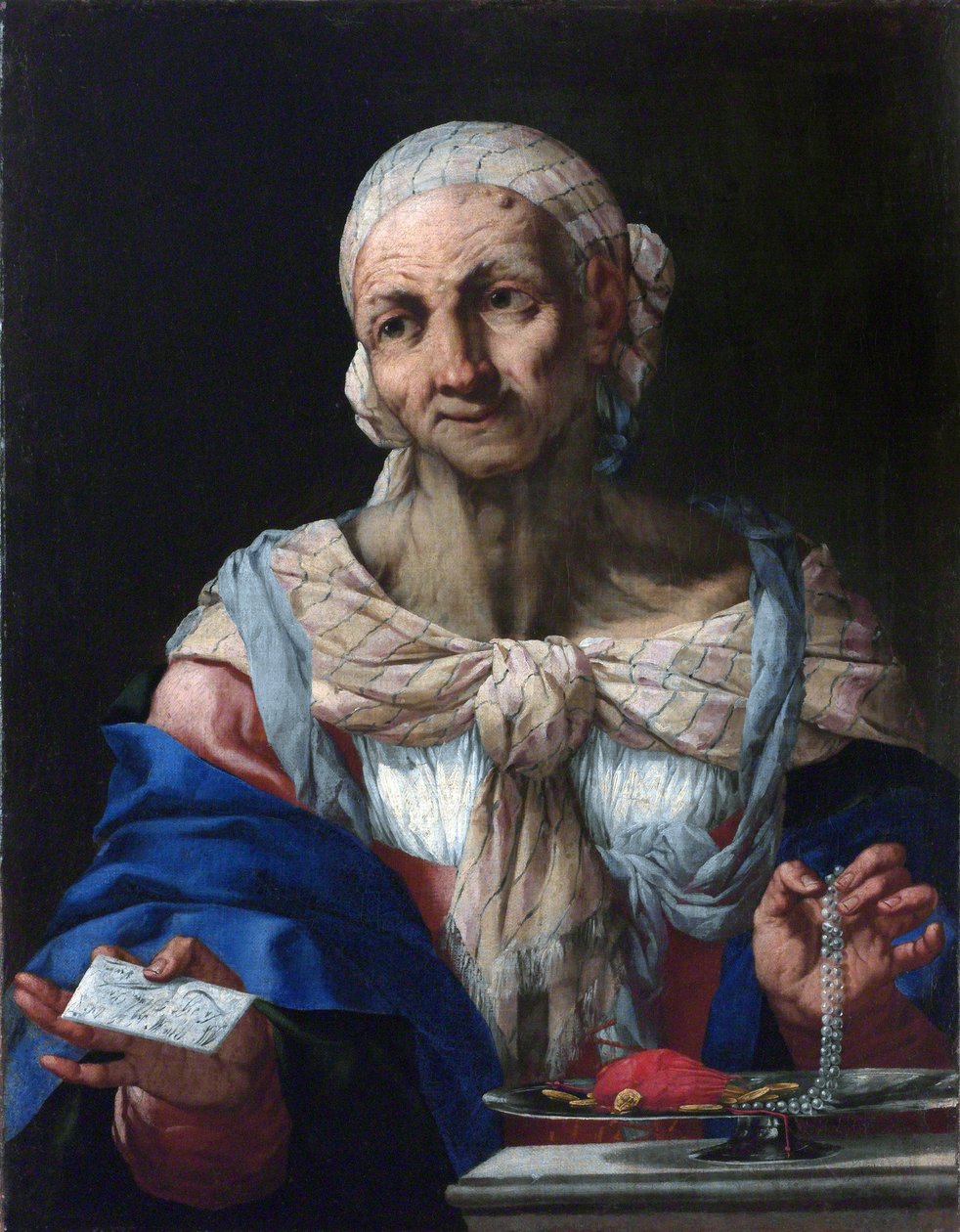 Gammel kvinde med perlehalskæde og bogstav (Vanitas) - Gammel kvinde med perlehalskæde og brev (Vanitas) - Giovan Battista Langetti (1635-1676). Olie på lærred, ca 1663. Nationalgalleriet, Prag af Giambattista Langetti