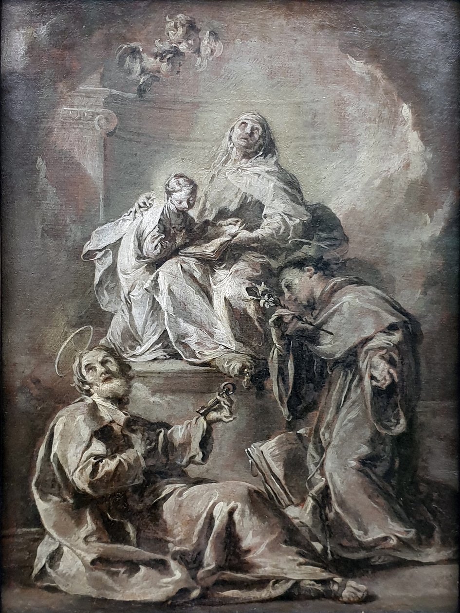 Anna unterweist Maria im Lesen der Heiligen Schrift Sankt Anna, ledsaget af Sankt Peter og Sankt Antonius af Padua, underviser den unge Maria i at læse den hellige bibel; Kat.nr. 88.1 af Giambattista Pittoni