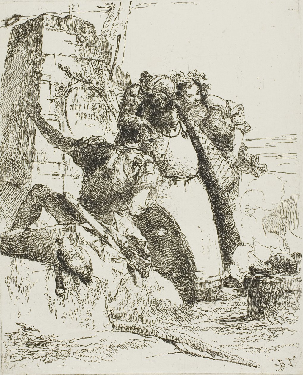 En tryllekunstner, en soldat og tre figurer, der ser på en brændende kranie, fra Scherzi af Giambattista Tiepolo