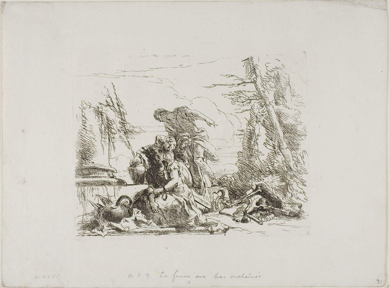 En kvinde med armene i lænker og fire andre figurer, fra Capricci af Giambattista Tiepolo