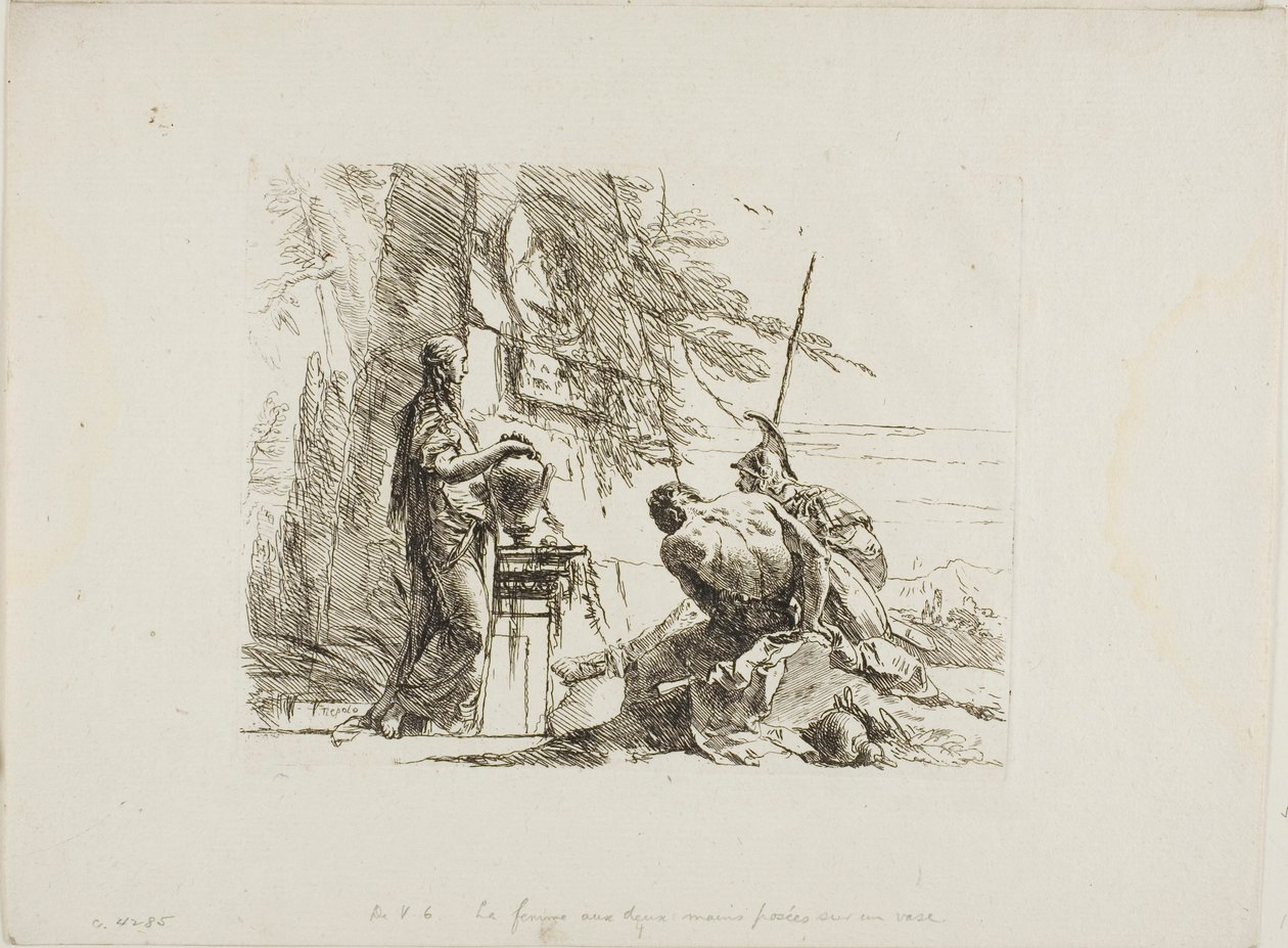 En kvinde med hænderne på en vase, soldat og slave, fra Capricci af Giambattista Tiepolo