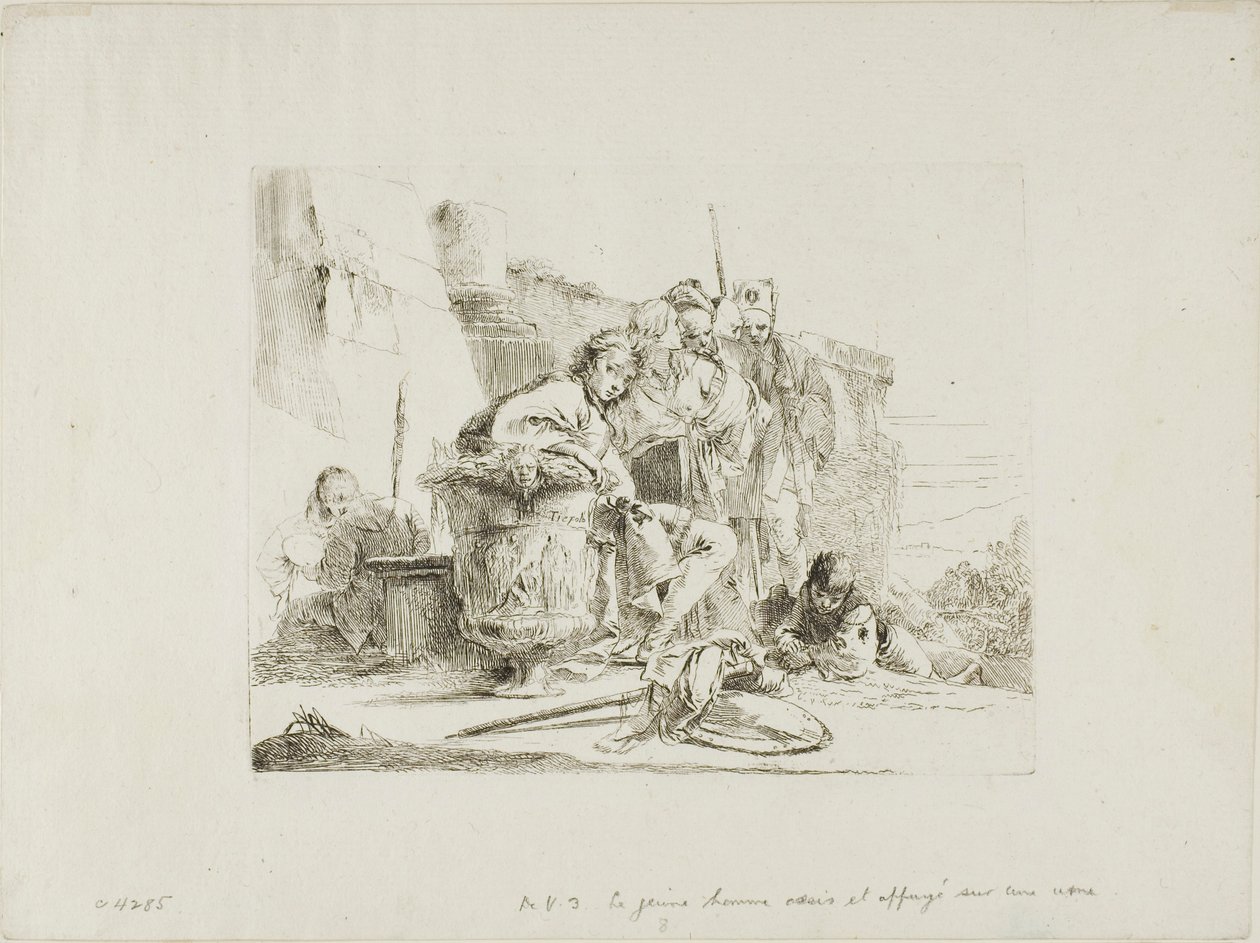 Siddende ungdom læner sig op ad en urne, fra Capricci af Giambattista Tiepolo