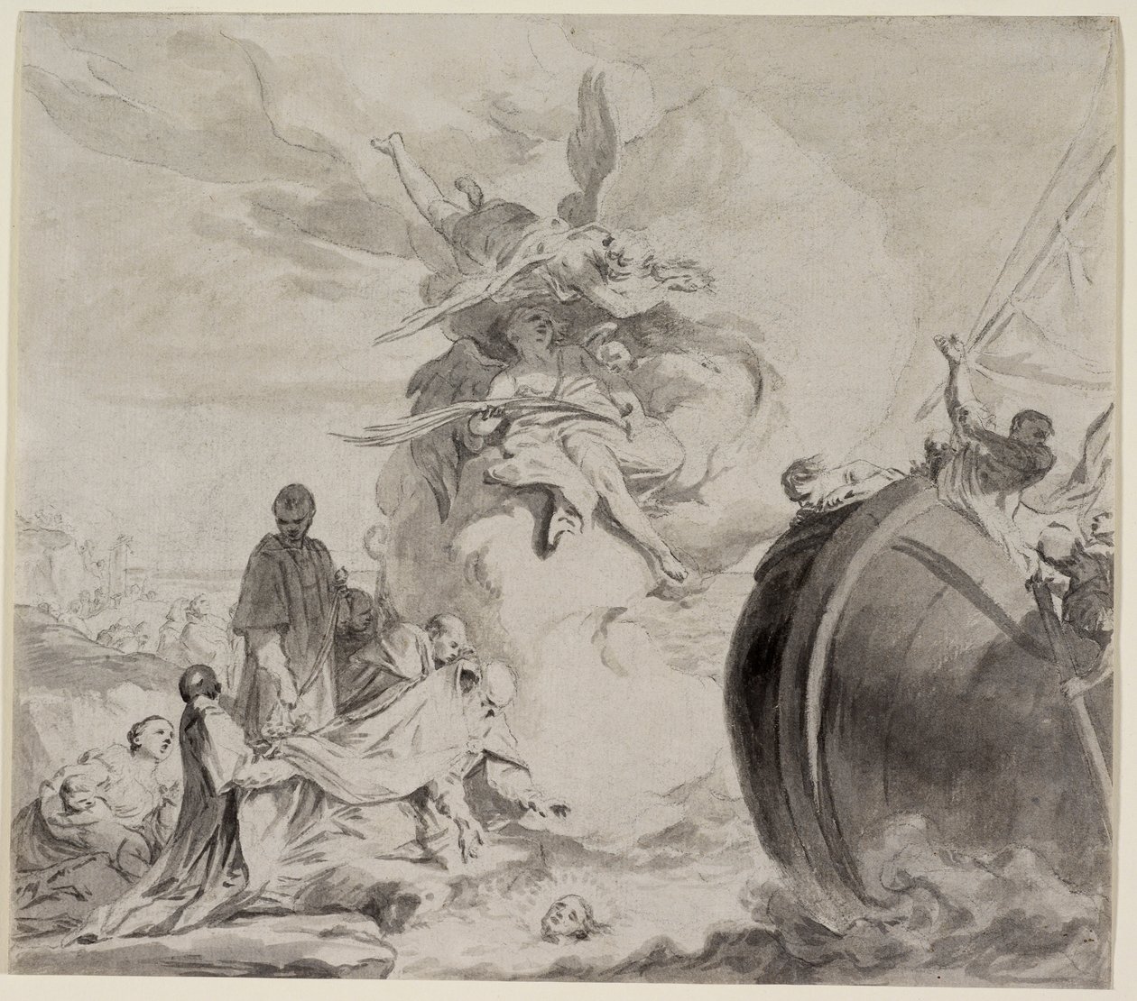 Hovedet af Saint Torpe reddet af engle og restaureret til ærkebiskop Frederigo (grå vask over sort kridt på papir) af Giambettino Cignaroli