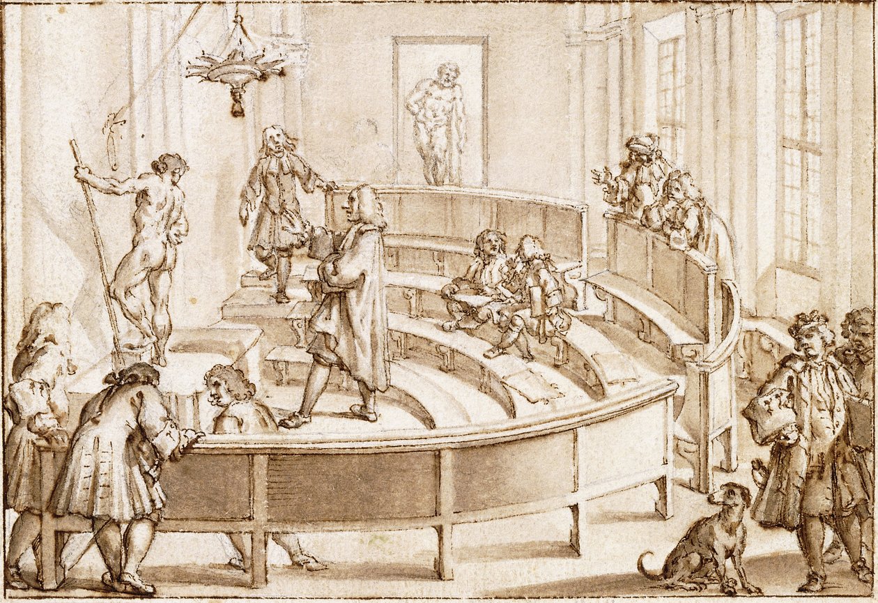 Accademia Clementina, Bologna, med en nøgen model, der bliver placeret af tegnelæreren, med Farnese-Herkules i baggrunden (sort kridt, pen og brun blæk med brun vask) af Giampietro Zanotti