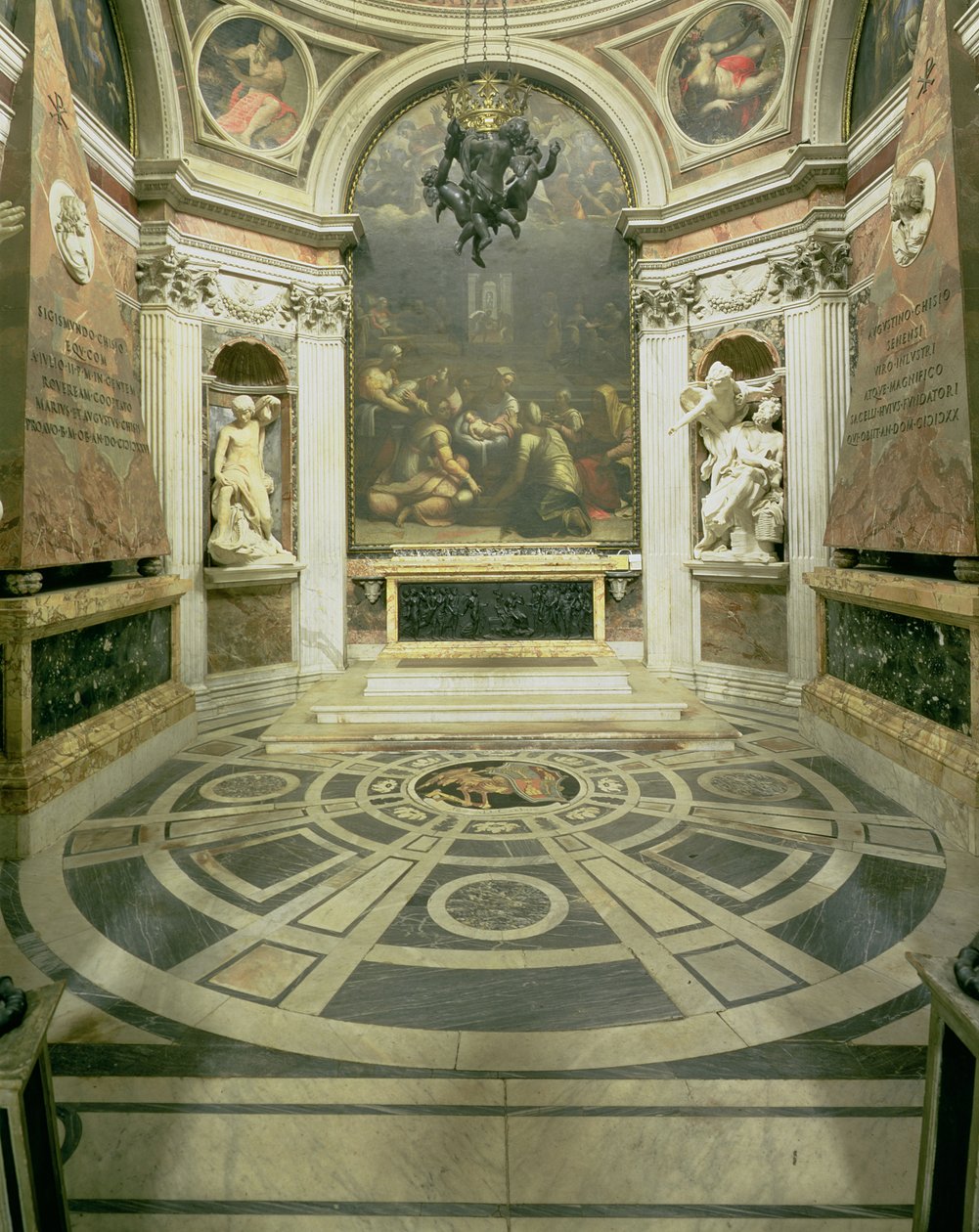 Indvendigt billede af det ottekantede Chigi-kapel, påbegyndt af Raphael i 1513 og afsluttet efter 1652 af Bernini af Gian Lorenzo Bernini