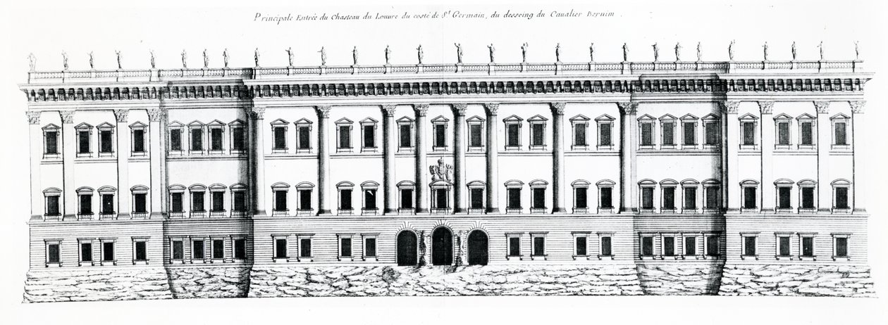 Tredje projekt for Palais du Louvre, Paris: Østfacadehøjde og hovedindgang til paladset fra Saint Germain-siden, 1665 af Gian Lorenzo Bernini