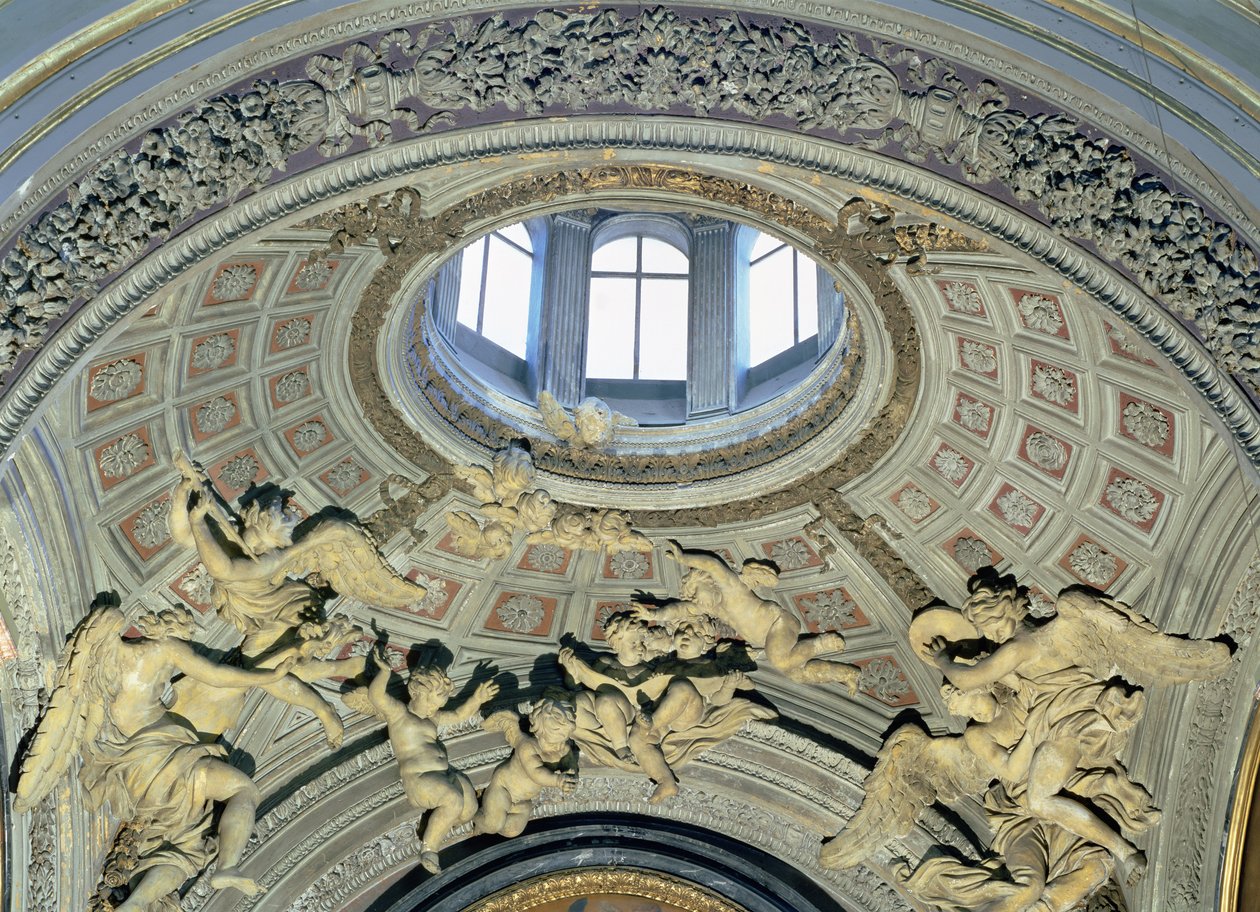 Udsigt over kuppelen med englemusikere fra Fonseca-kapellet (polykrom stuk) af Gian Lorenzo Bernini