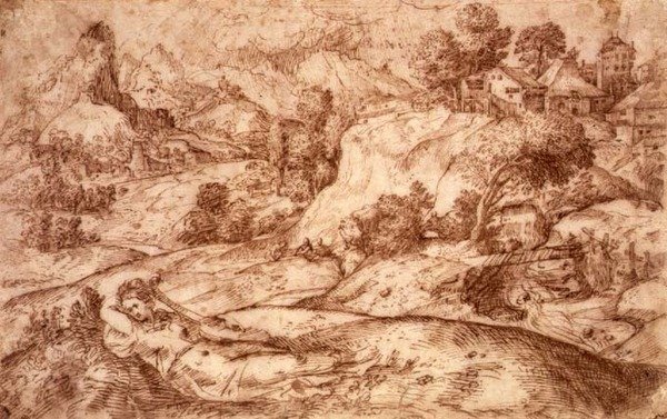 Nr.0955 Bjerglandskab med en tilbagelænet kvindefigur (pen & sepia på papir) af Gian Battista (attr. to) Angolo del Moro