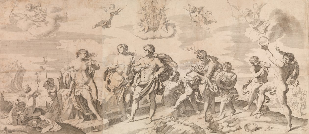 Bacchus med sine ledsagere opdager Ariadne på øen Naxos, efter Reni, 165..., 1650-80. af Gian Battista Bolognini