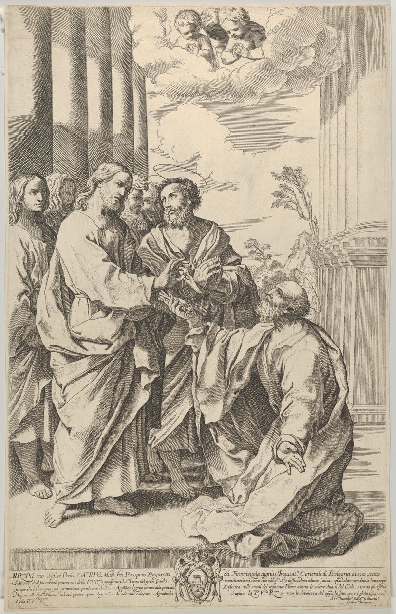 Kristus gav kirkens nøgler til Sankt Peter, der knæler foran ham, efter Guido ..., 1640-70. af Gian Battista Bolognini