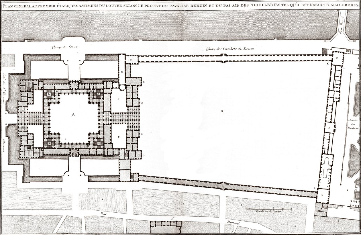 Generel plan efter Bernins projekt for Louvre og Tuilerierne i "Francoise Architecture"" af Jacques-Francois Blondel af Gian Lorenzo (after) Bernini