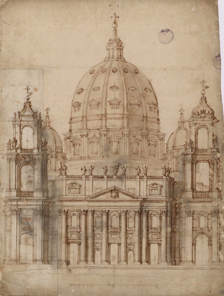 Alternativt forslag til facaden af Basilica of St. Peter i Vatikanet par Bernini, Gianlorenzo (1598-1680). Pen, pensel, akvarel, indisk blæk på papir af Gian Lorenzo Bernini