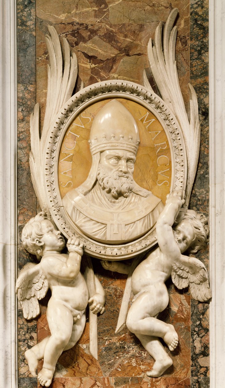 San Marco, relief af Gian Lorenzo Bernini (1598-1680), detalje af marmordekoration langs søjler i hovedgangen, Peterskirken, Rom, Vatikanstaten af Gian Lorenzo Bernini