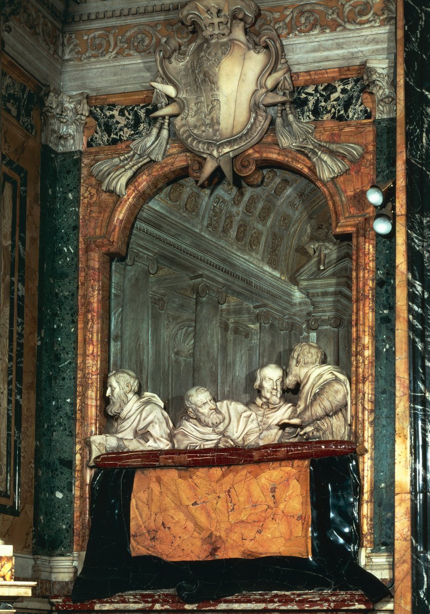 Sideboks med Cornaro-familien, marmorskulptur fra skole af Gian Lorenzo Bernini (1598-1680), Cornaro Chapel, Santa Maria della Vittoria-kirken, Rom, Italien af Gian Lorenzo Bernini
