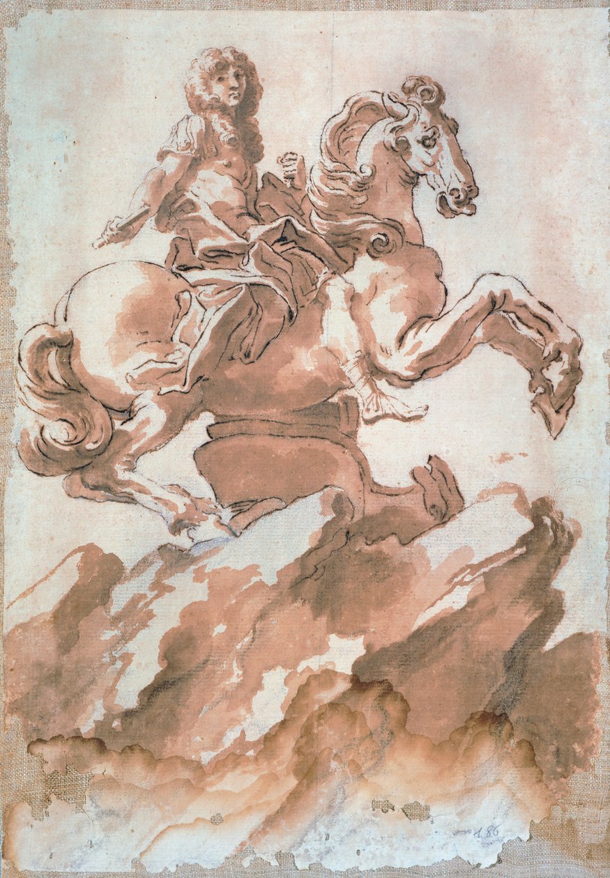 Skitse til Ludvig XIV til hest af Gian Lorenzo Bernini (1598-1680), tegning med pen og blæk af Gian Lorenzo Bernini