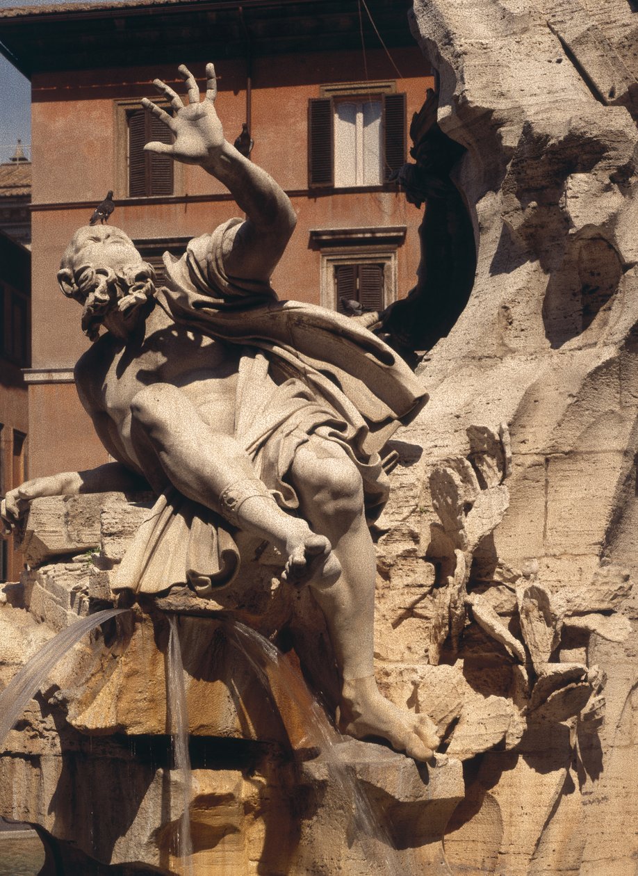 The Fountain of the Four Rivers, detalje af figuren repræsenterer flodpladen, 1648-51 stendetalje af 96887 af Gian Lorenzo Bernini