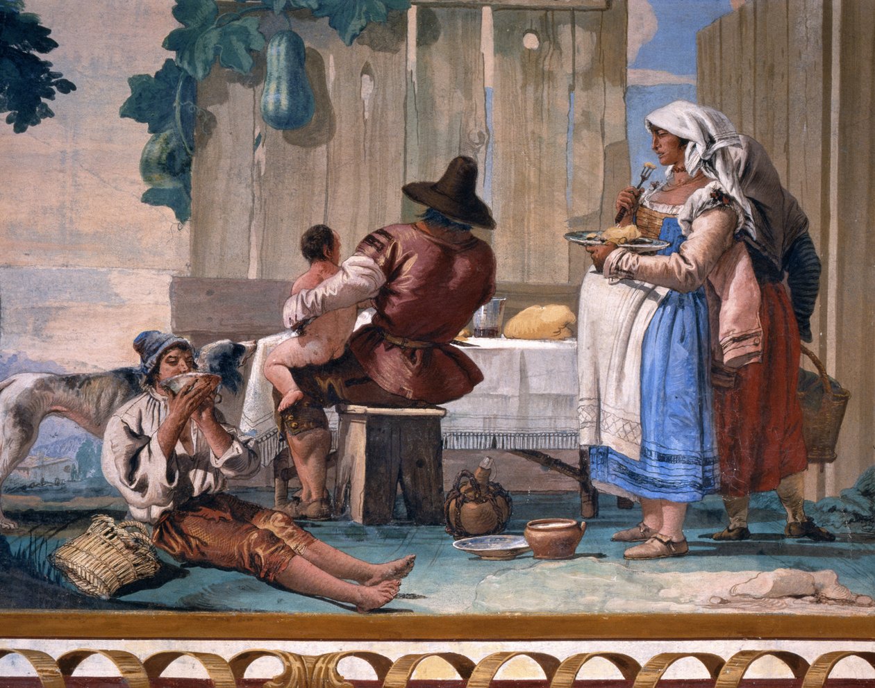 Bønder spiser ude fra døren, fra Foresteria (gæstehus) 1757 af Giovanni Domenico Tiepolo