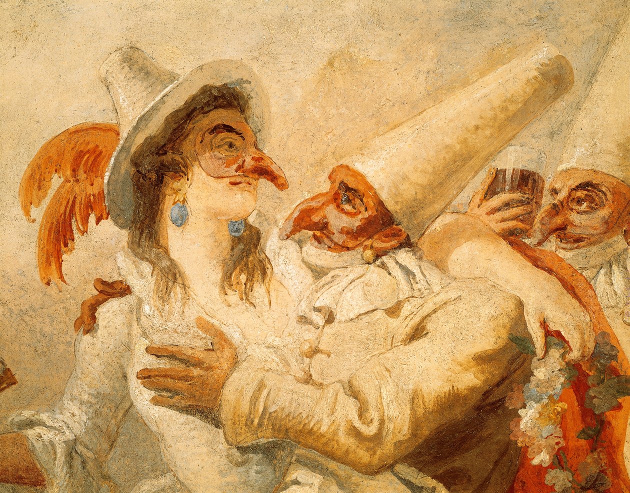 Karneval af Giandomenico Tiepolo (1727-1804), fresco, detalje med tre masker, Ca 