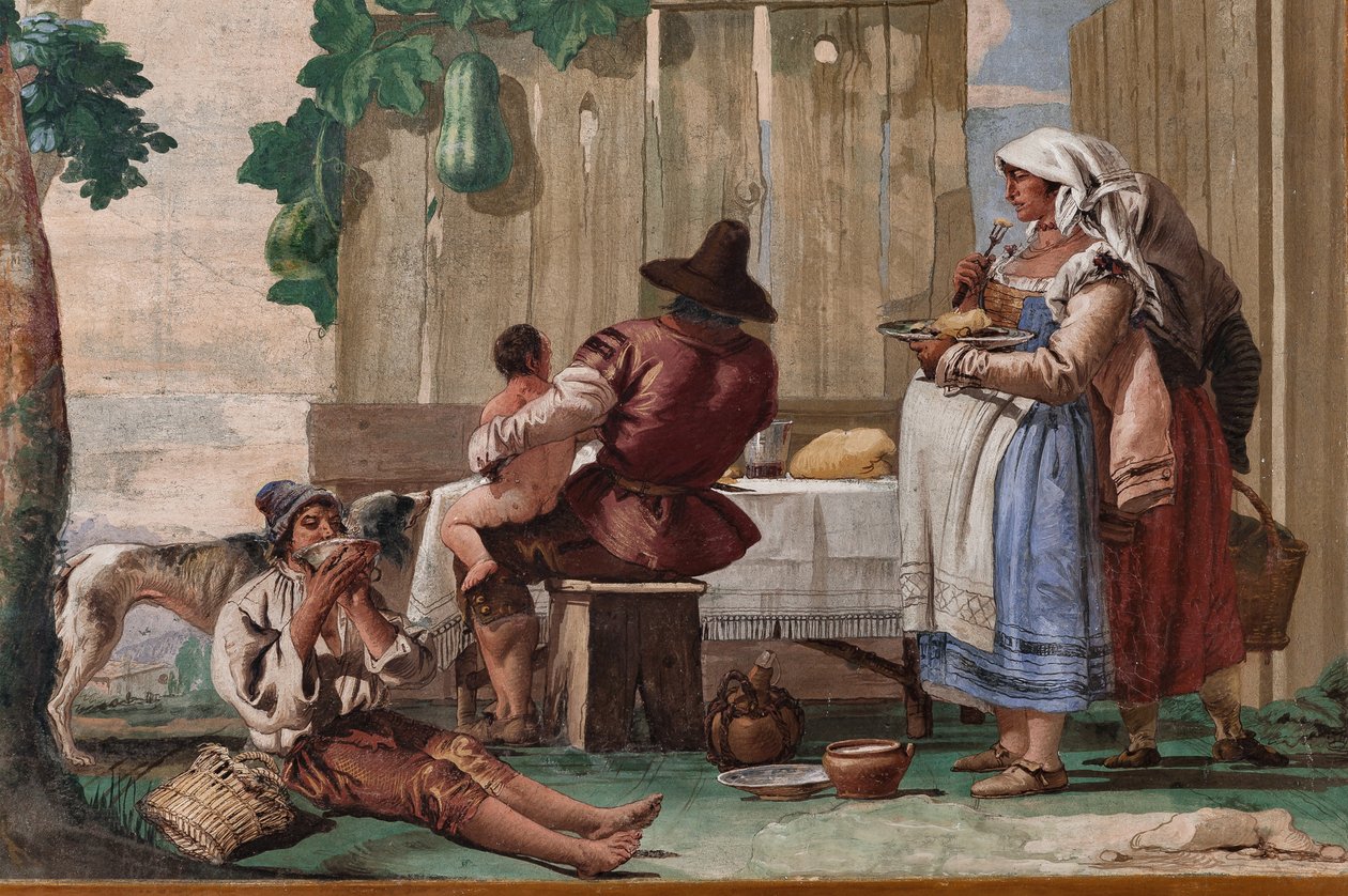 Bondefamilie ved bordet, fra rummet med rustikke scener, i Foresteria (gæstehus) 1757 (fresco) af Giandomenico  Tiepolo