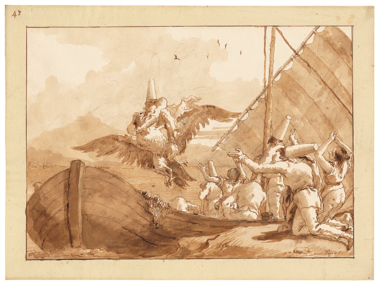 Punchinello båret af en ørn (kridt, pen & blæk, & vask på papir) af Giandomenico (1727 1804) Tiepolo