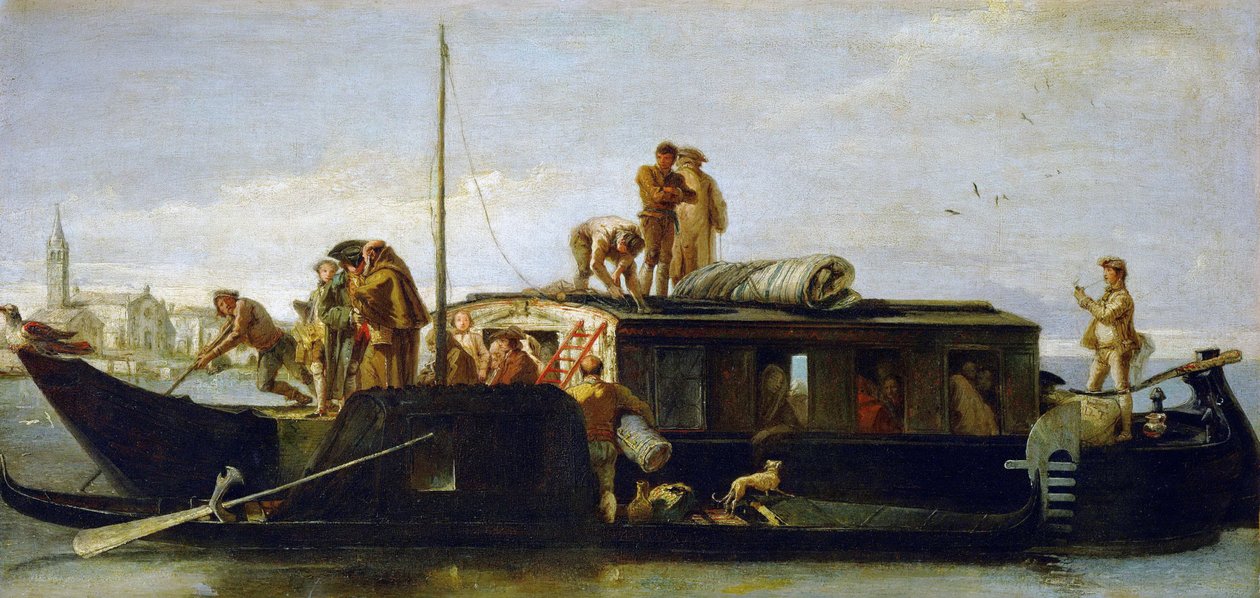 Barok: The Mailboat - The Mailboat (Il Burchiello) af Tiepolo, Giandomenico (1727-1804), ca 1764-1765. Olie på lærred, 38x78,3. Kunsthistorisk Museum, Wien af Giovanni Domenico Tiepolo