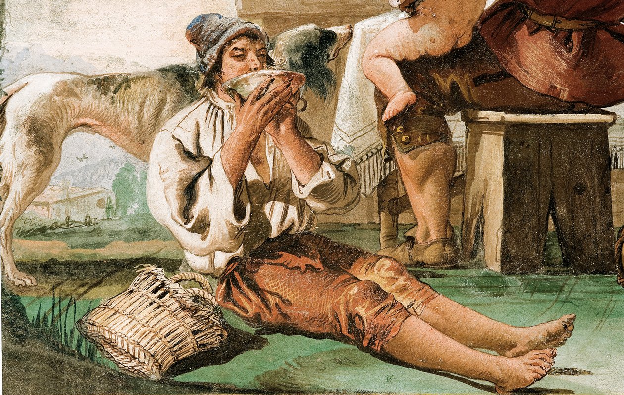 Detalje fra Bondefamilien ved bordet, fra Rummet med rustikke scener, i Foresteria, 1757 af Giovanni Domenico Tiepolo