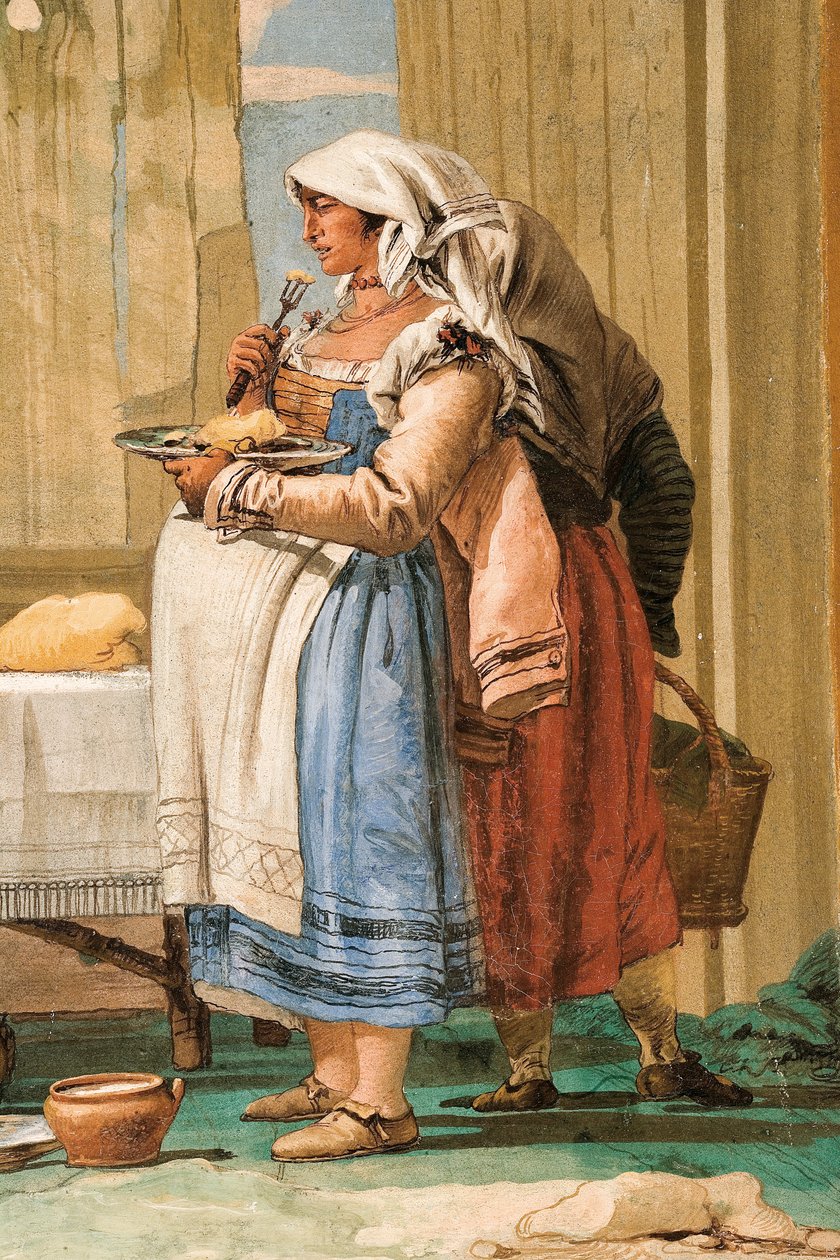 Detalje fra Bondefamilien ved bordet, fra Rummet med rustikke scener, i Foresteria, 1757 af Giovanni Domenico Tiepolo