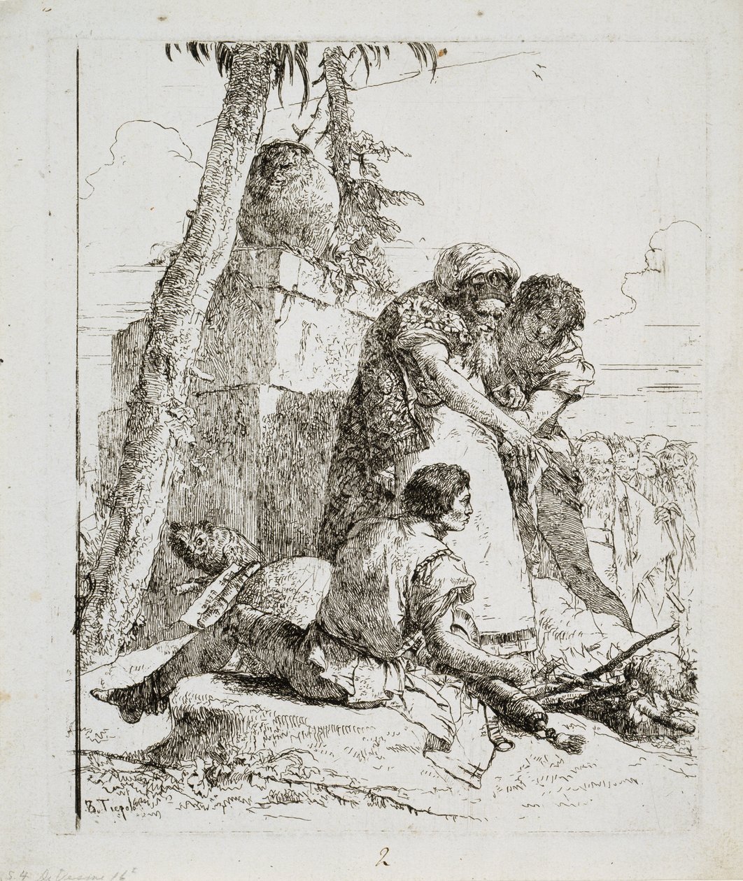 Tryllekunstner, der peger på et brændende hoved til to unge, ca. 1740