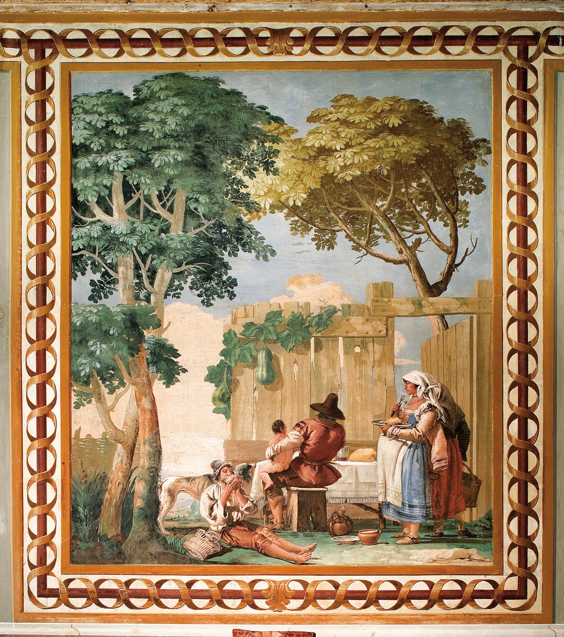 Bondefamilie ved bordet, fra rummet med rustikke scener, i Foresteria (gæstehus) 1757 af Giovanni Domenico Tiepolo