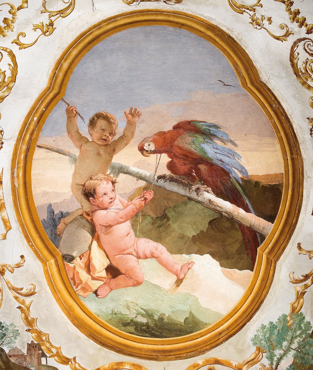 Putti med en papegøje, fra Putti-rummet i Foresteria (gæstehuset) 1757 af Giovanni Domenico Tiepolo