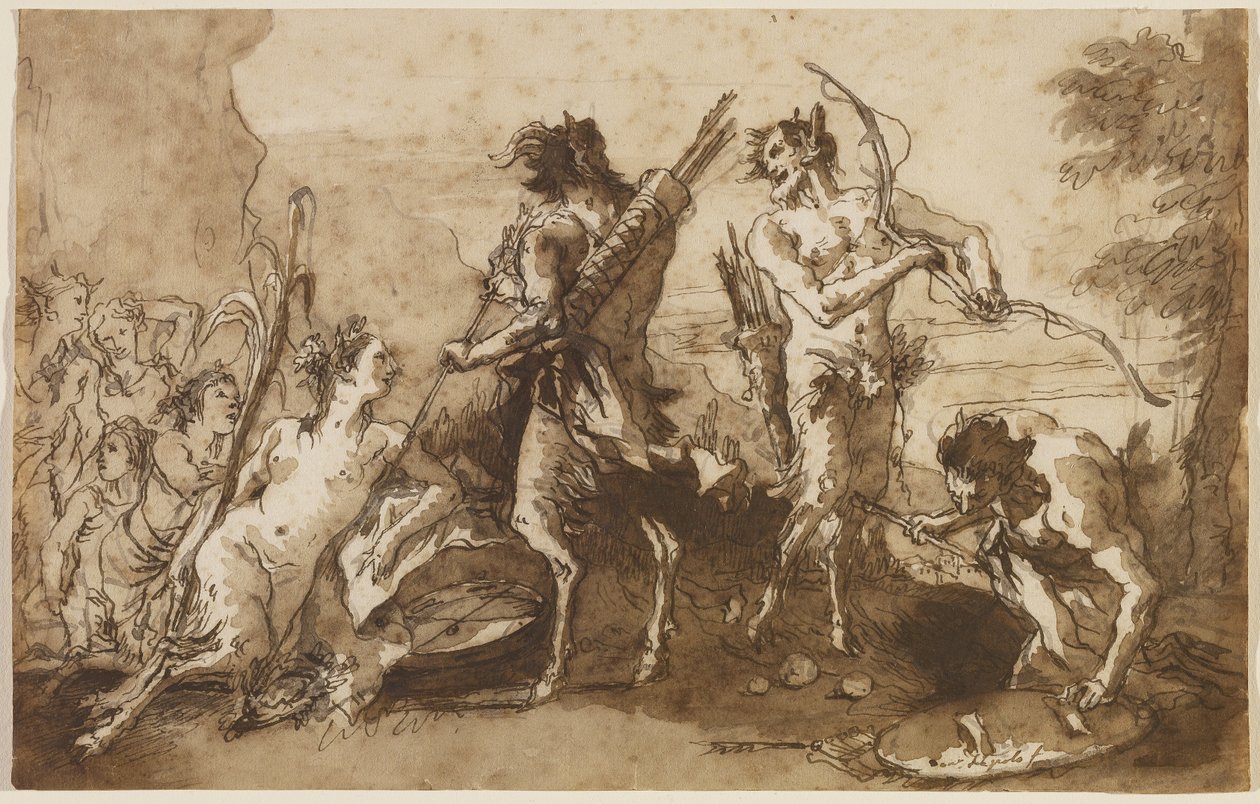 Satyrs and Satyresses in a Landscape, ca. 1770 (pen & jern galde blæk med brune og grå vaske på lagt papir) af Giovanni Domenico Tiepolo
