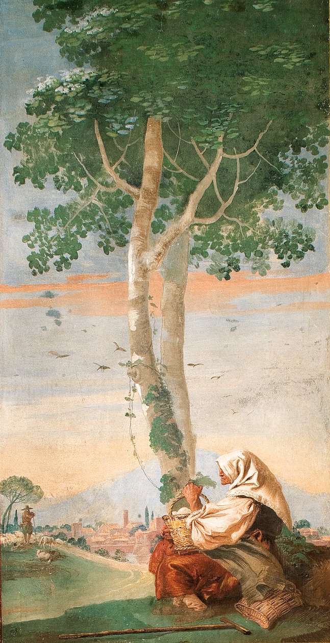 Den ældre bondekvinde siddende under et træ med en kurv med æg, fra rummet med landscener, 1757 af Giovanni Domenico Tiepolo