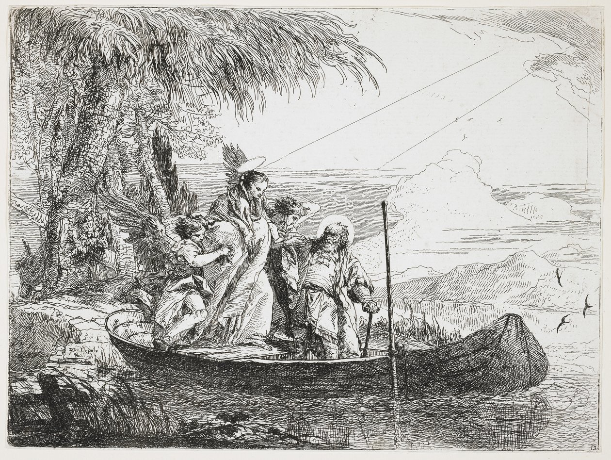 : Den hellige familie går ind i båden fra flugten til Egypten, 1750-1753 af Giovanni Domenico Tiepolo