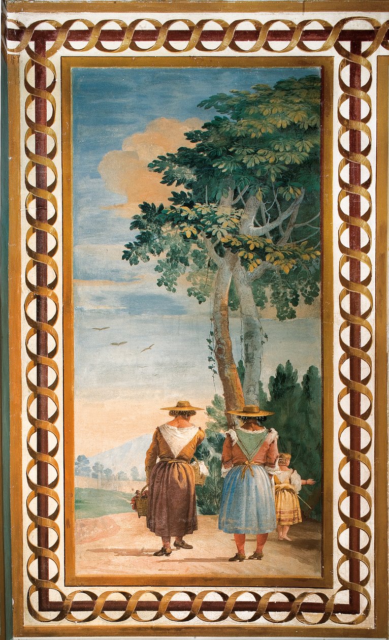 Tre bønder set bagfra, fra rummet med rustikke scener, i Foresteria, 1757 af Giovanni Domenico Tiepolo