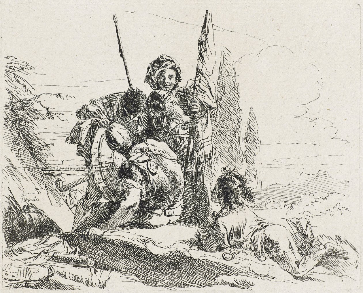 Tre soldater og en dreng, 1749 af Giovanni Domenico Tiepolo