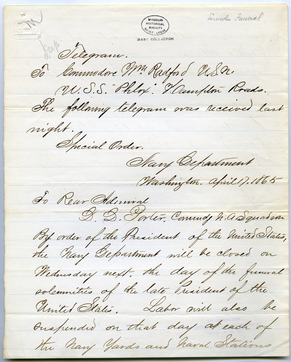 Indeholder ordrer til alle flådefartøjer på dagen for Abraham Lincolns begravelse af Gideon Welles