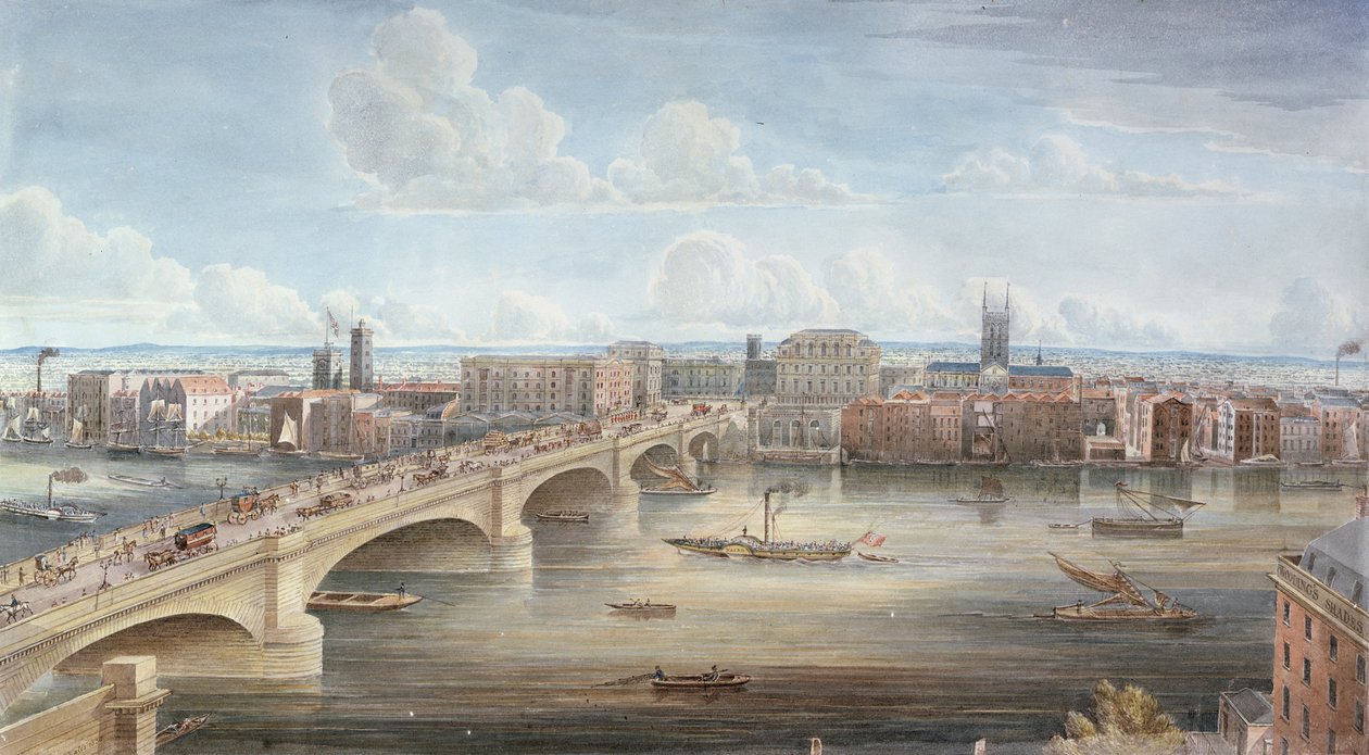Endnu et billede af New London Bridge, der viser vestfronten, med udsigt mod Southwark, og som giver et fjernt billede af Surrey, 1838 af Gideon Yates