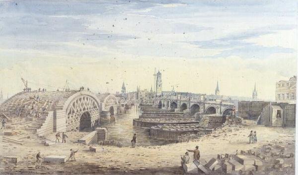 Konstruktion af den nye London Bridge ved siden af den gamle London Bridge af Gideon Yates