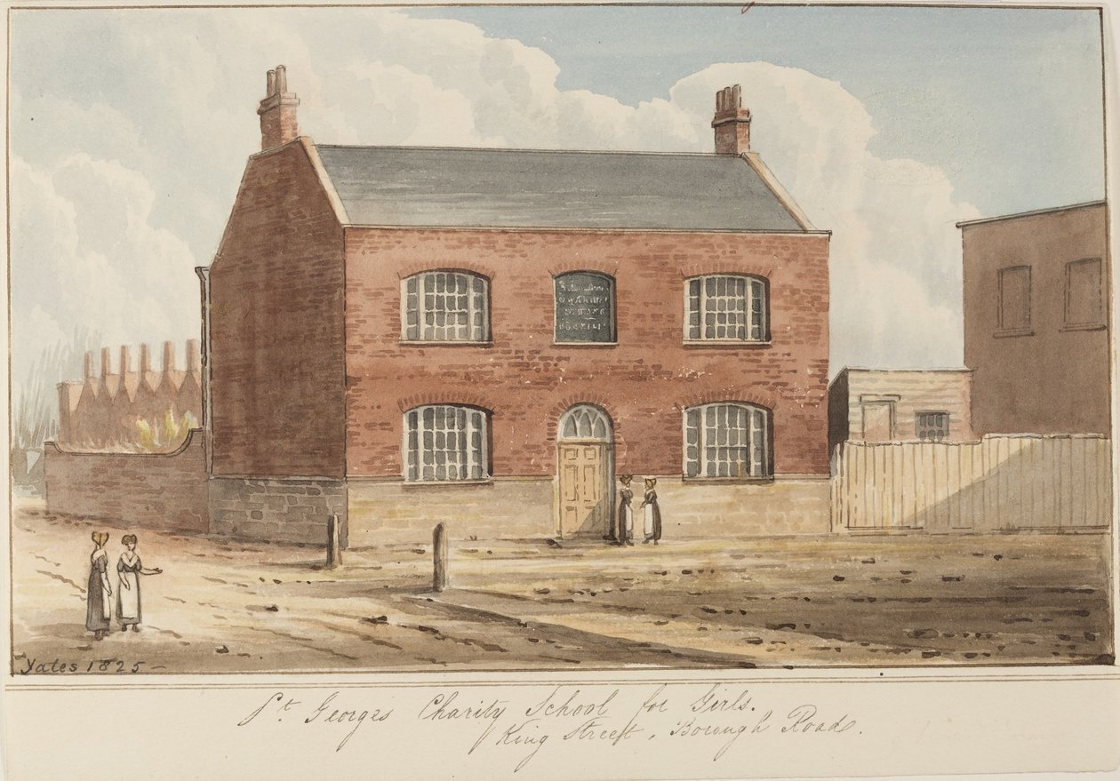 Udsigt over St Georges Charity School for Girls på King Street, Southwark. King Street er nu kendt som Newcomen Street, 1825 (wc på papir) af Gideon Yates