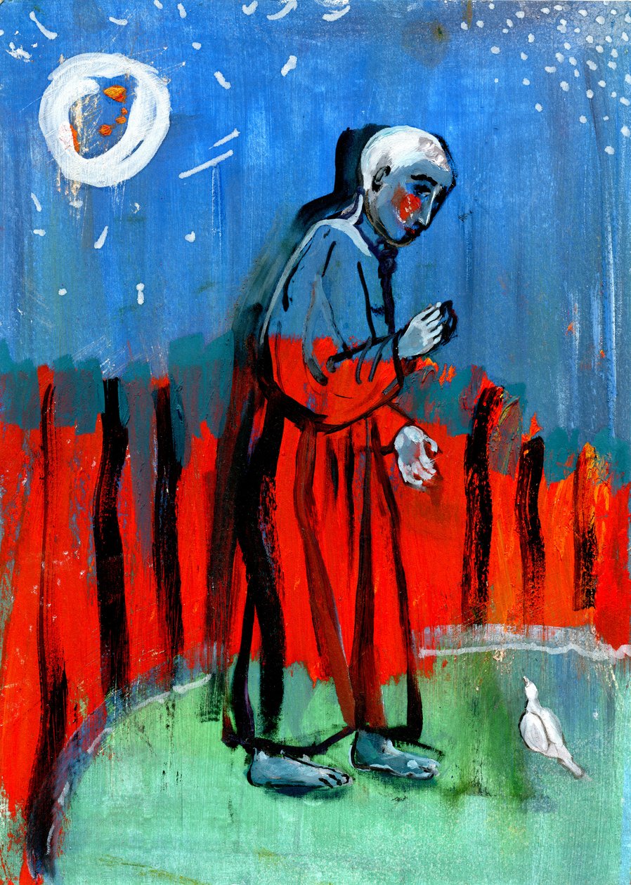 Fodring af fuglene. Efter Giotto, 2015, (olie på papir) af Gigi Sudbury