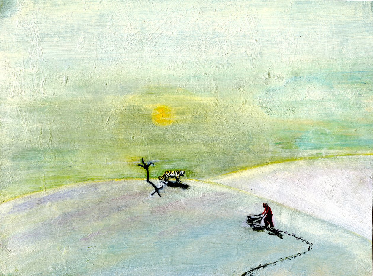 My Wheelbarrow And The Snow Tiger, 2004, (olie på papir) af Gigi Sudbury