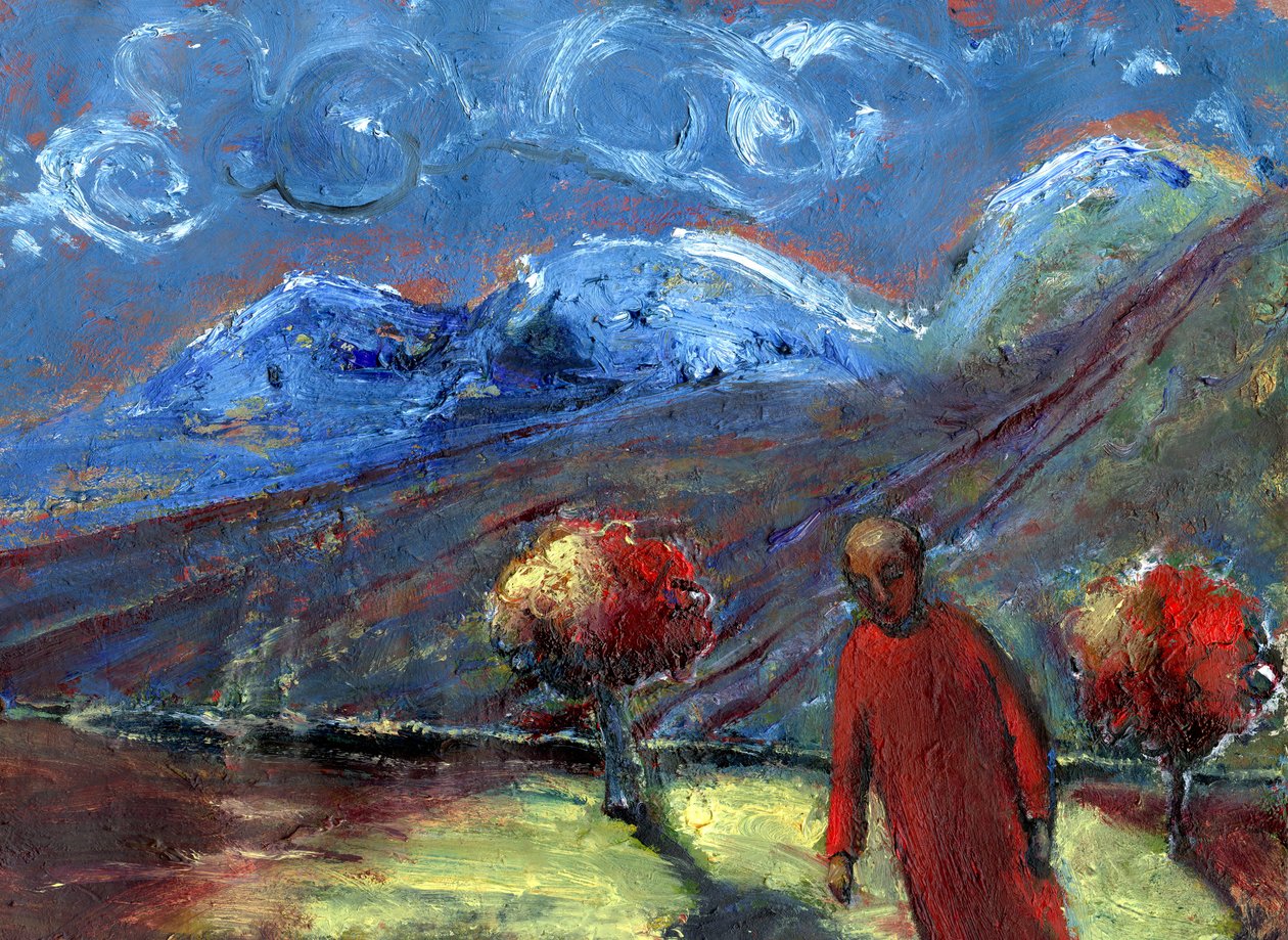 Walk in the Blue Mountains, efterår, 2015, (olie på papir) af Gigi Sudbury