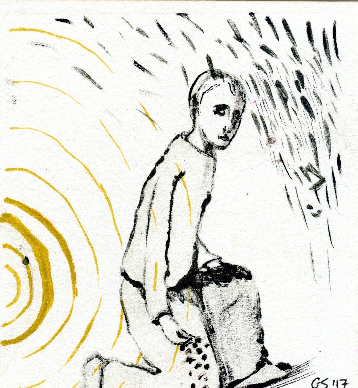 Mellem sol og regn, 2017 (olie på papir) af Gigi Sudbury