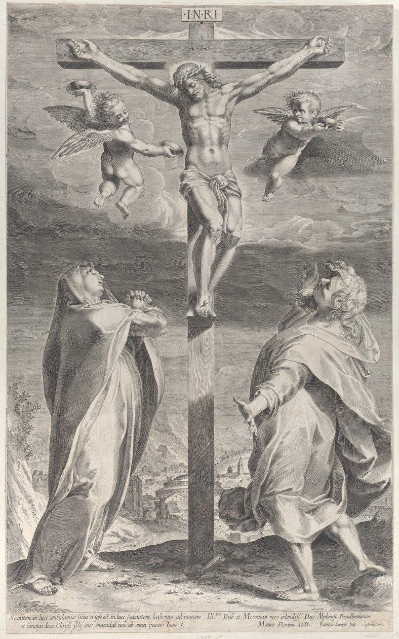 Korsfæstelse med Jomfru Maria og Sankt Johannes Evangelisten, engle over hovedet, ca. 1593., ca. 1593 af Gijsbert Van Veen