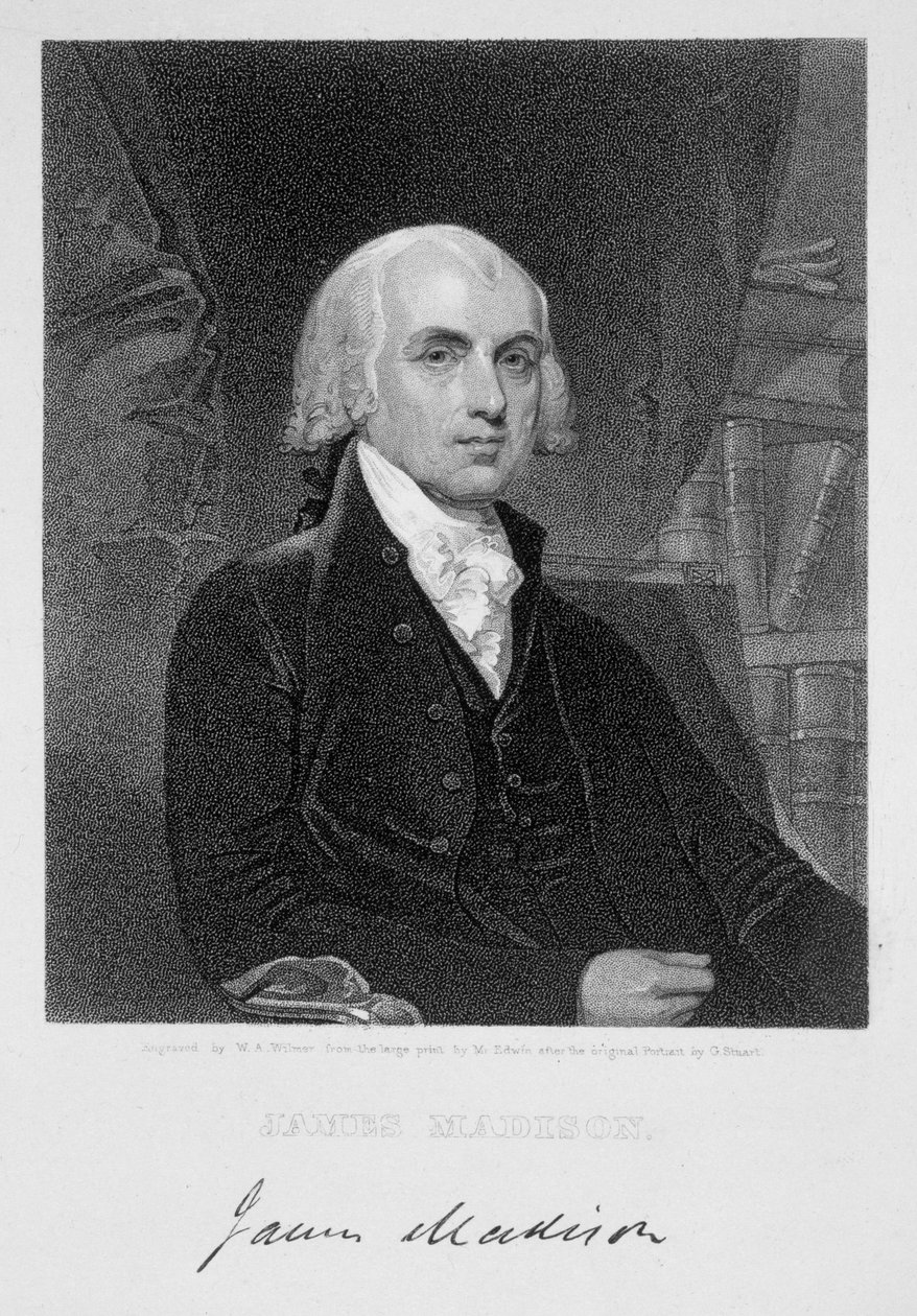 Portræt af James Madison, indgraveret af William A. Wilmer (c.1820-c.1855) efter tryk af David Edwin (1776-1841) af Gilbert Stuart
