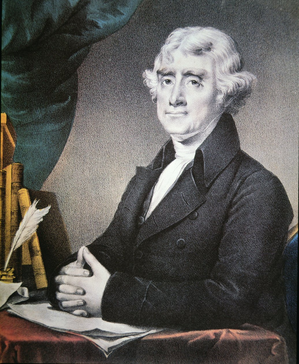 Thomas Jefferson (1743-1826) udgivet af Nathaniel Currier (1813-88) (farve litho) af Gilbert (after) Stuart