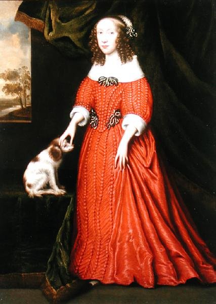 Portræt af en ung dame i rød kjole med en spaniol som kæledyr (olie på lærred) af Gilbert (attr.to) Jackson