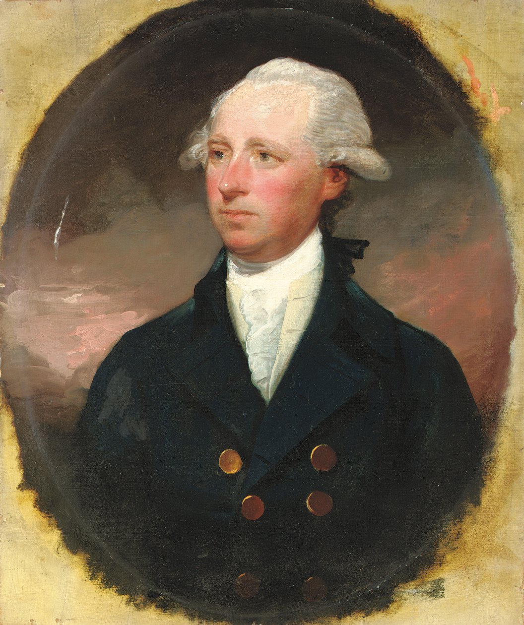Portræt af Sir Thomas George Skipwith, halvlangt, i en blå frakke, fingeret oval af Gilbert Stuart