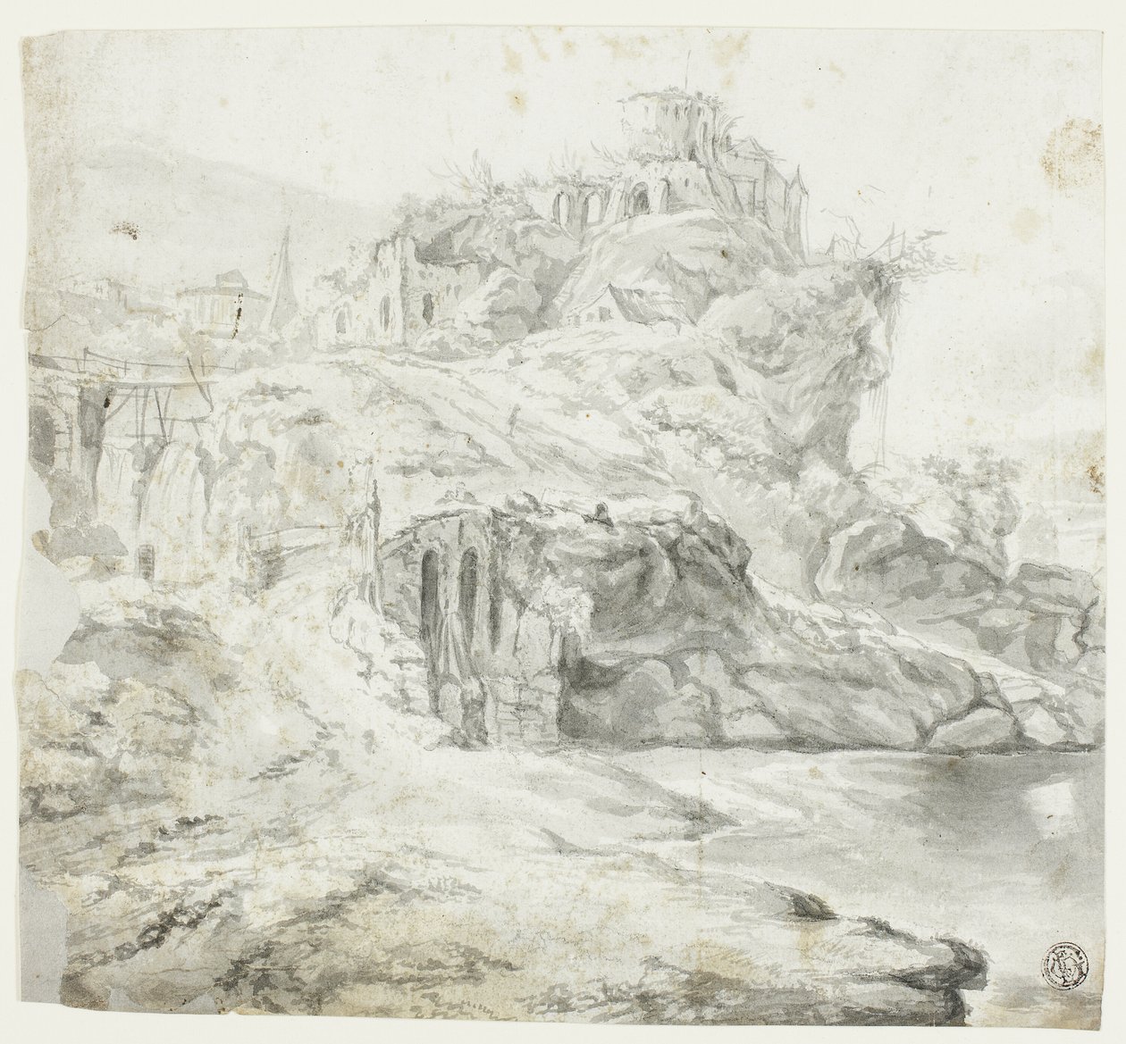 Klippefremspring med ruiner og kaskader (recto); Skitse af klippe med bygninger (verso) af Giles Edme Petit