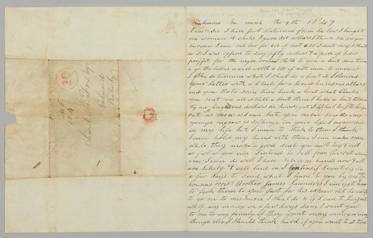 Brev til Samuel Fox fra Giles Saunders angående slavehandel, 9. marts 1847. af Giles Saunders
